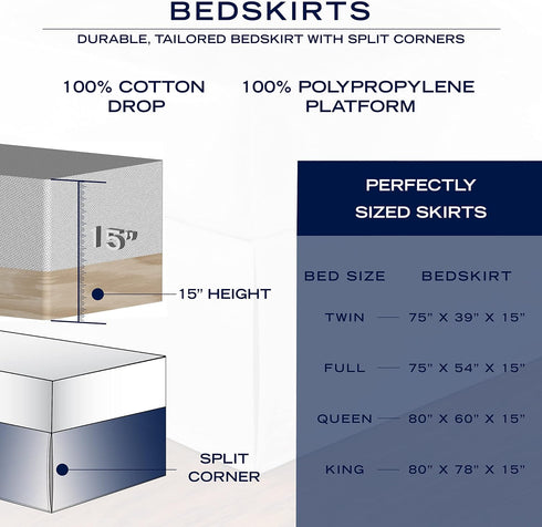 Nautica Twin Bedskirt, Cotton 15-Inch Tailored Drop Bedding, Split Corners for Secure Fit, Solid White