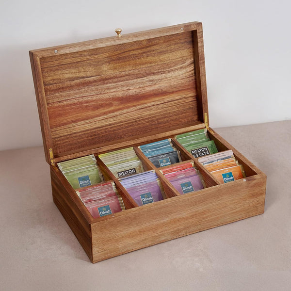 SARUFO Acacia Wood Tea Bag Organizers, Tea Packet Storage Boxes, 8-Compartment Tea Caddy