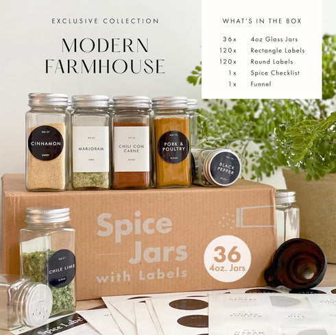 36 Pack Set, 4oz Glass Spice Jars with Labels with Metal Lids and Shakers Farmhouse Small Clear Empty Spice Bottles