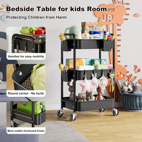 Aofure 3 Tier Rolling Cart on Wheels, Metal Utility Storage Cart with Wheels, Three Tiered Craft Carts Organizer