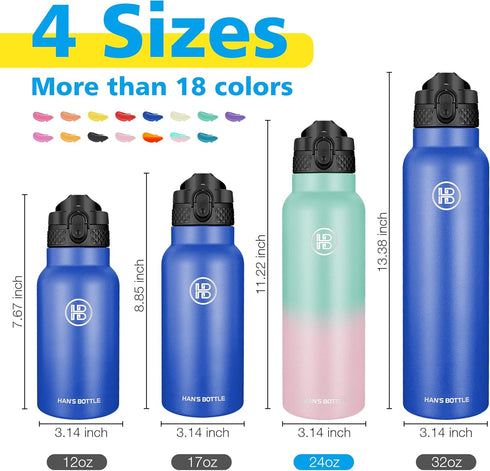 han's bottle 24 Oz, Sports Water Bottle - Straw Lid, Leak Proof, Vacuum Insulated Stainless Steel, Double Walled