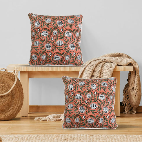 Ridhi Dark Salmon Pink Block Print Cotton Canvas Throw Pillow Covers for Decorative Couch Pillows, 18x18 Inches