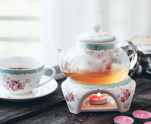 Sets Set 03) Jusalpha Fine China Tea Vintage Rose Flower Series Coffee Cup-Teacup Saucer Spoon with Teapot Warmer