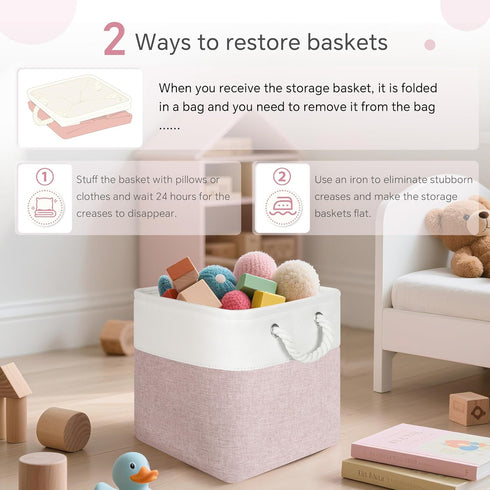 6 Pack 11x11 inch Closet, FinishingBo Cube Storage Bins, with Cotton Handles for Shelves, Clothes, Towel (White/Pink)