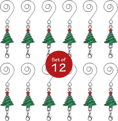 Ornament Hooks Set of 12 - Christmas Tree Shaped S-Hook & Lobster Claw, Enameled Trees with Red & Green Ornaments, 3.5"