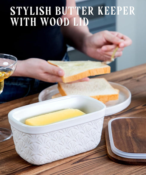 Countertop, Nucookery Ceramic Butter Dish, Embossed Butter Keeper with Wood Lid for Butter Holder and Container