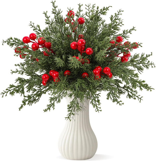 Dapclca 50 Pcs Christmas Artificial Pine Branches with Red Berry Stems, 10.5"