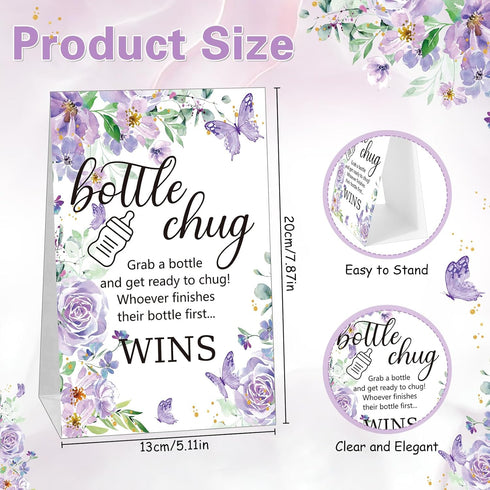 TrelaCo Baby Shower Game Sign, 20 Pcs Baby Bottles Favor Set with Greenery Flowers, Bear, Butterfly (Purple, Butterfly)