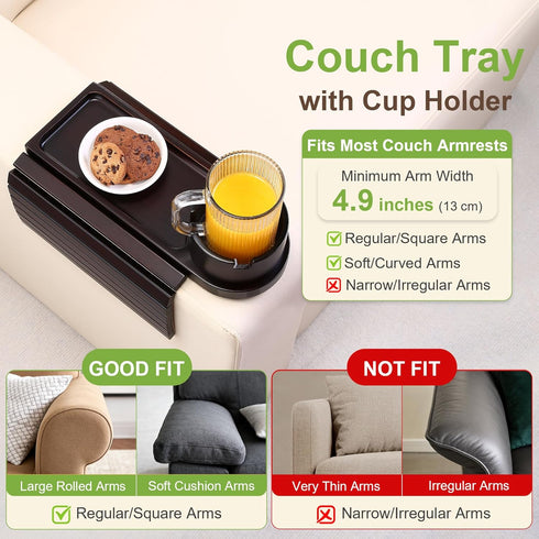 360 Couch Cup Holder,Bamboo Couch Arm Tray with Rotating Cup Holder,Foldable Anti-Slip Sofa Arm Chair Tray for Eating