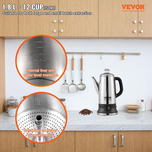 12-Cup 304 VEVOR Electric Percolator Coffee Pot, Stainless Steel Body Coffee Percolator with Keep Warm Function