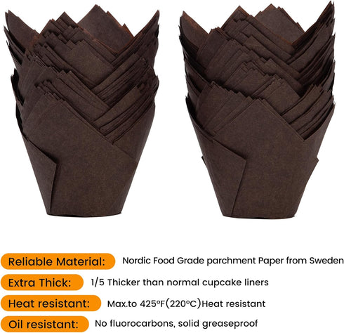 Nordic Paper 100pcs Large Brown Tulip Cupcake Liners for Baking, EU Parchment Paper Muffin Wrappers for Parties