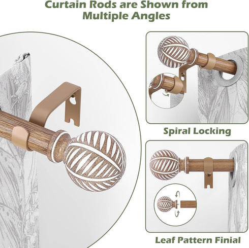 Wood Curtain Rods 18 to 60 Inch, 1 Inch Boho Adjustable Imitation Wood Grain Decorative Rods