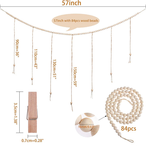 Wall Hanging Photo Display with Wood Beads Garland, Collage Picture Frame with 30 Clips for Rustic Home, Office &