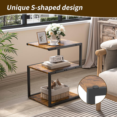 3 S-Shaped Side Table Tier, Minimalist Nightstand for Small Spaces with Open Storage, Narrow End Table for Living Room