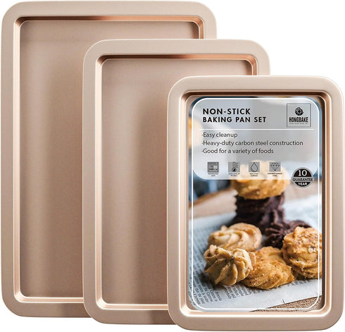 HONGBAKE Nonstick Cookie Sheets Set, Baking Sheet with Wider Grips, 3 Pack Half/Jelly Roll/Quarter Baking Tray,