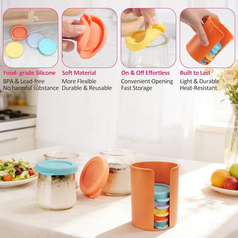 8 5oz Pcs Silicone Oui Yogurt Jar Lids with Jar Lid Organizer, Reusable Jar Covers, Replacement Lids, Perfect for Oui