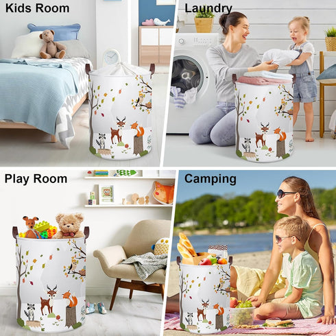 Clastyle 45L Woodland Animals Laundry Basket, Collapsible Waterproof Storage Basket with Handle - 14 * 17.7 in