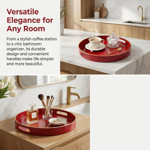 13" Round Decorative Tray, Red Serving Tray with Handles, Plastic Coffee Table Tray for Ottoman, Living Room, Bathroom
