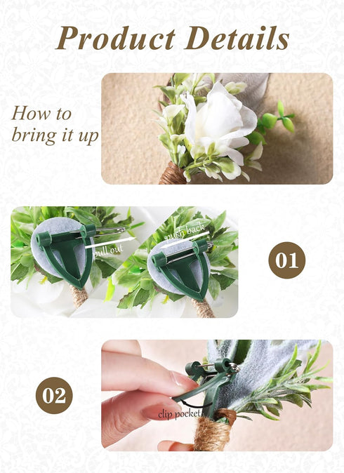 Rose Boutonniere for Men Wedding, Handmade White Corsage Feather Boutonniere for Formal Dinner Party Ceremony