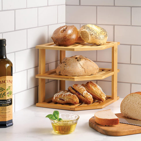 3 Countertop 10 10 9.5 Inch, Counter, Plate Organizer for Cabinet - Tier Bamboo Corner Shelf Cabinet Organizer