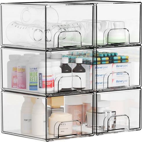 Yieach 4.4" Closet,Medicine Bottles,Pacifier,6 Tall Small Clear Acrylic Stackable Storage Drawers for Vanity,Under