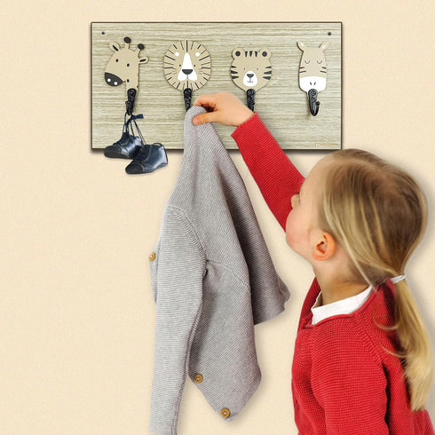 Nursery Kids Animal Coat Rack Wall Hooks, Wooden Cute Safari Giraffe Lion Hangers for Kids Room Decor