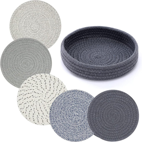 Trivets for Hot Dishes, 5 Pcs 7 Inch Hot Pads with Storage Basket for Kitchen Countertops, Heat Resistant Cotton Table