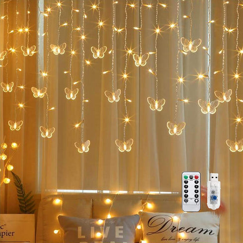 Butterfly Curtain Fairy String Lights, 120LED USB Powered Timer Firefly Twinkle Light for Room, Wedding, Party Decor