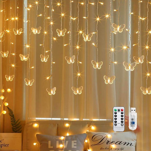 Butterfly Curtain Fairy String Lights, 120LED USB Powered Timer Firefly Twinkle Light for Room, Wedding, Party Decor