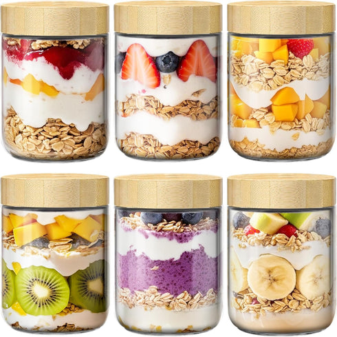 6 Pack 16oz Overnight Oats Containers with Bamboo Lids, Glass Jars with