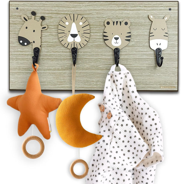 Nursery Kids Animal Coat Rack Wall Hooks, Wooden Cute Safari Giraffe Lion Hangers for Kids Room Decor
