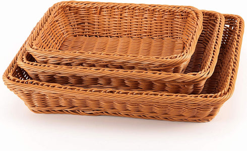 ZOENHOU 3 Packs Poly Wicker Bread Basket – Handmade Woven Empty Gift Basket for Home, Restaurant, and Hotel – Brown