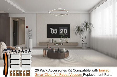 20 Pack Accessories Kit For ionvac SmartClean V4 Robovac Robotic Vacuum Cleaner Replacement Parts, 1 Main Roller Brush, 6 Side Brushes, 6 Hepa Filters, 6 Dust Bags, 1 Cleaning brush