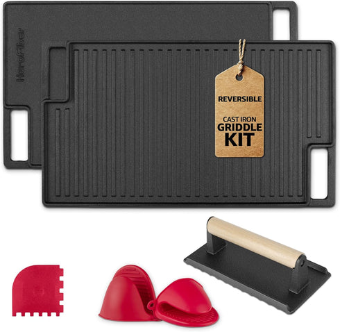 Cast Iron Reversible Grill/Griddle Set: Pre-Seasoned Non-Stick with Press, Scraper & Mitts for Indoor Outdoor Cooking