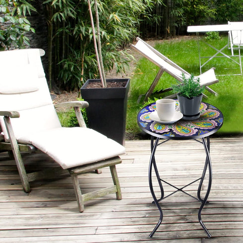 12 Inch Arbuxzuy Small Outdoor Side Table with Purple Flower, Glass Mosaic Patio Table Indoor, Round Plant Coffee Table