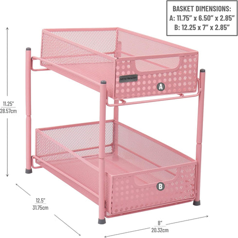 Mind Reader 2 Tier Accessory Organizer, Metal Mesh Supply Storage for Office, Kitchen, Makeup Crafts, Pink, 8" L x