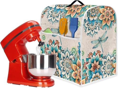 UNICEU Boho Floral Dragonfly Kitchen Aid Mixer Protective Dust Cover, Stand Mixer Blender Cover with Pocket