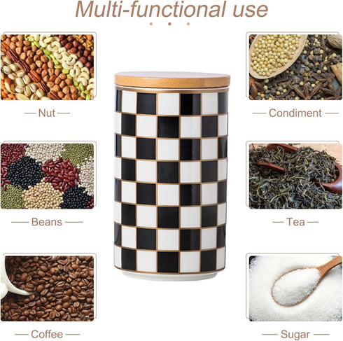 Countertop Set, 3Pcs Countertop Kitchen Ceramic Checkered Canisters Grid Pattern Kitchen Jars with Layered Shelves