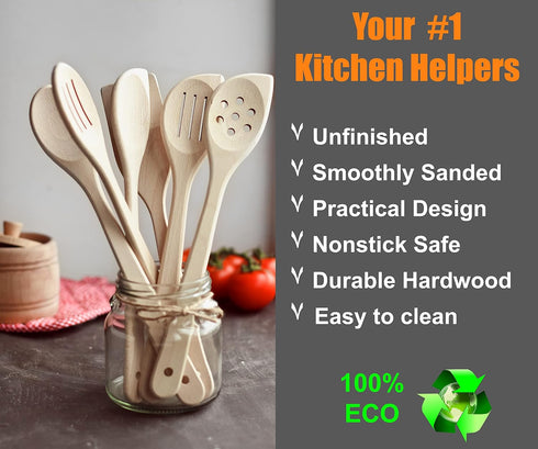 Healthy Wooden Spoons for Cooking, Set of 6, Safe Reliable Cooking Utensils, 100% Natural Nonstick Wood Spatula Spoon