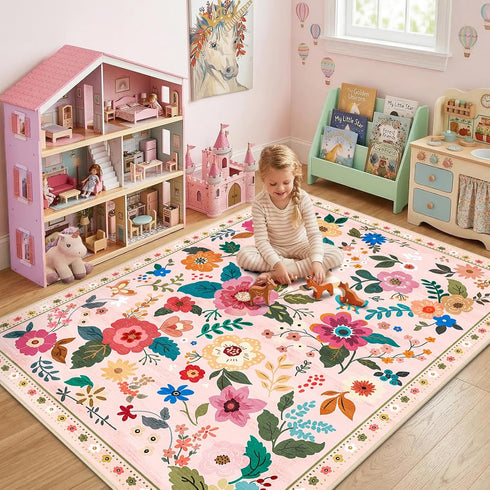 5x7 RELEANY Floral Area Rug Machine Washable Soft Print Boho Carpet Non Slip Doormat Low Pile Flower Area Rugs