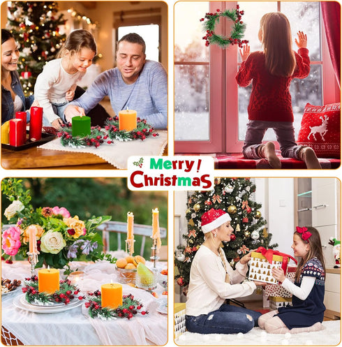 4.3 Inches 4 Christmas Candle Rings- Candle Wreaths Candle Garland with Artificial Red Berries- Xmas Wreath Candle