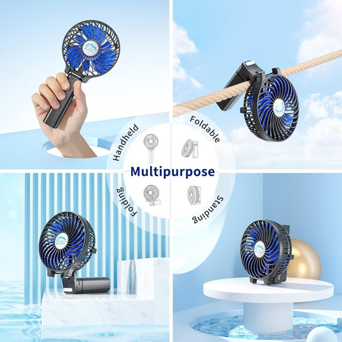 HandFan Mini Personal Fan, Portable Handheld, Battery Operated, 180° Foldable, USB Powered, Black & Blue
