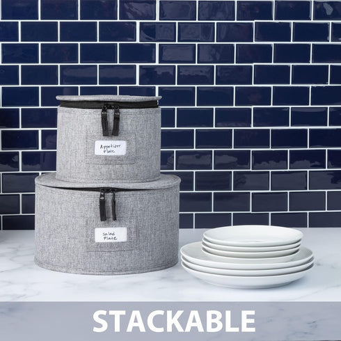 China Storage Container for Saucer, Bowls, Appetizer Plates - 7" W x 5.5" H with 12 Felt Dividers, Stackable
