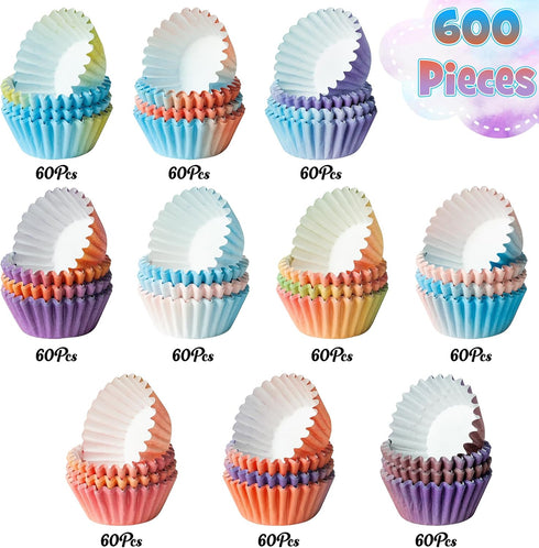 Mini Cupcake Paper Liner - 600pcs Gradient Pastel Baking Cups Muffin Cupcake Wrappers, Purple Blue Orange Cake Chocolate Candy Wrap Supplies for Birthday Wedding Baby Shower (10 Styles) by COcnny