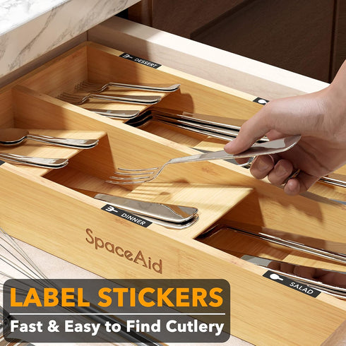 SpaceAid Bamboo Silverware Drawer Organizer: Kitchen Utensil Tray Holder with Labels, 6 Slots