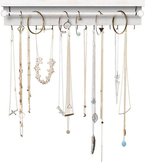 Rustic White Necklace Jewelry Organizer - Wall Mount Jewelry Holder for Necklace, Earrings, and Rings