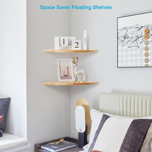 Set 2, (12 Inch, Waterproof Natural Wood Corner Wall Shelves of Rustic Wood Corner Floating Shelves with Cable Raceway