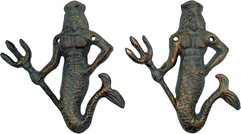 Wowser Green Cast Iron King Neptune Wall Hooks, Set of 2, 6.5 Inches