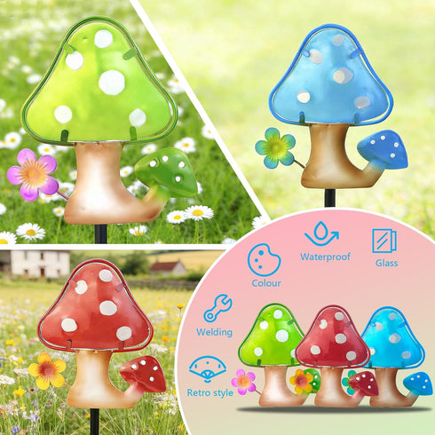 Set 3, 10, LEGIFO Garden Decor Mushroom Stakes of Metal & Glass Outdoor Mushroom Stake for Backyard Lawn Decor, Funny
