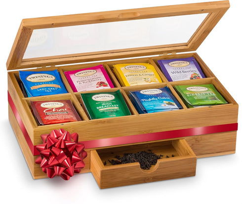 Bambuesi Tea Box Organizer with Drawer - 8 Compartment Bamboo Wooden Tea